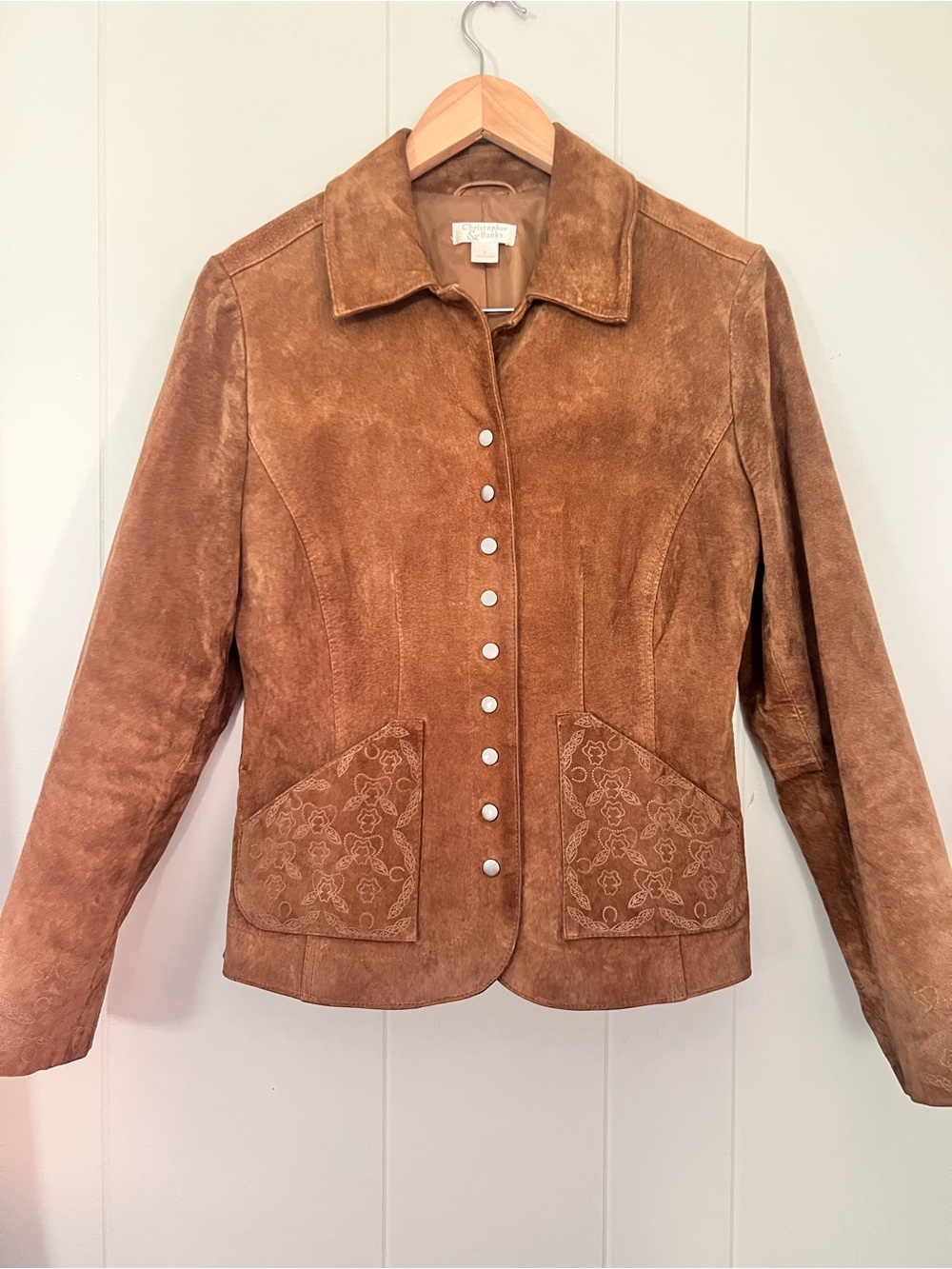 Vintage Brown Suede Leather Jacket Tooled Floral Pockets Rodeo Western Boho S